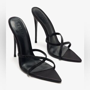 Femme Los Angeles Black Strappy Crystal Stiletto Heels